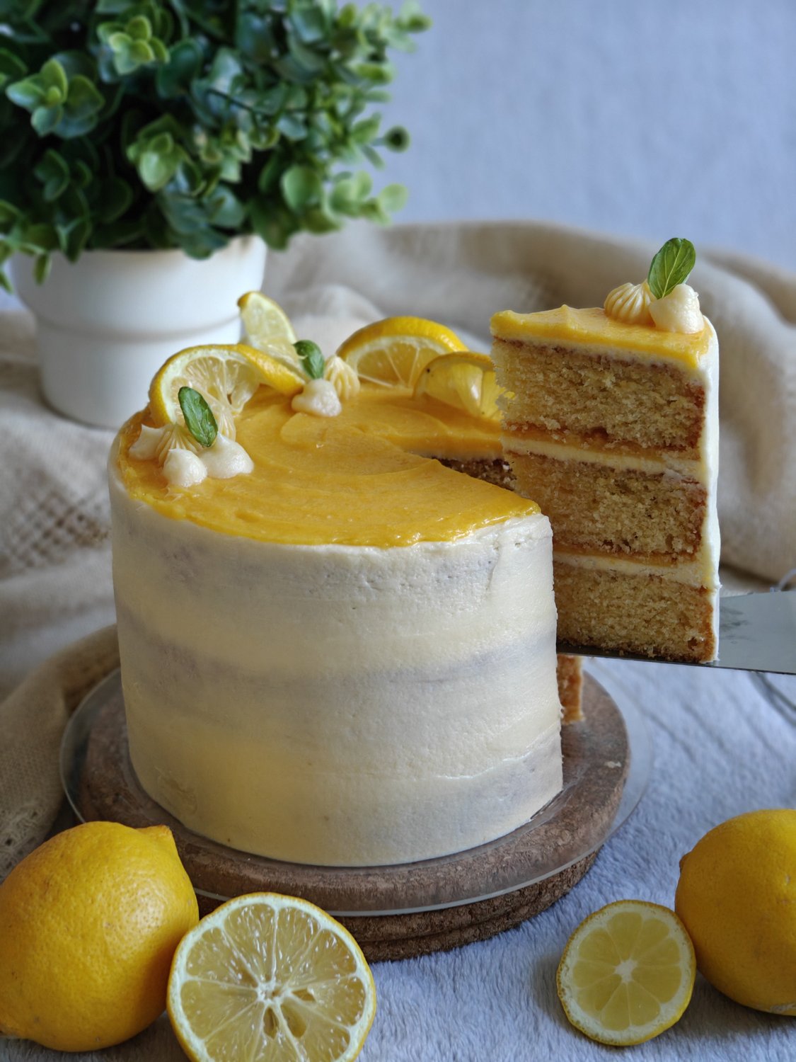 Two-tier lemon cake with candied lemon slices and meringue